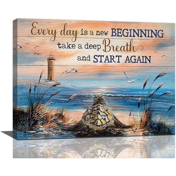 Sea Turtle Bathroom Decor Wall Art Beach Blue Ocean Lighthouse Inspirational Quotes Pictures Wall Decor Canvas Painting Prints Artwork Home Decorations Framed for Bedroom Office Kitchen 16"x12"