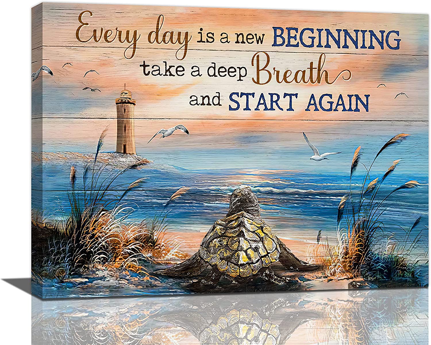 Sea Turtle Bathroom Decor Wall Art Beach Blue Ocean Lighthouse Inspirational Quotes Pictures Wall Decor Canvas Painting Prints Artwork Home Decorations Framed for Bedroom Office Kitchen 16"x12"