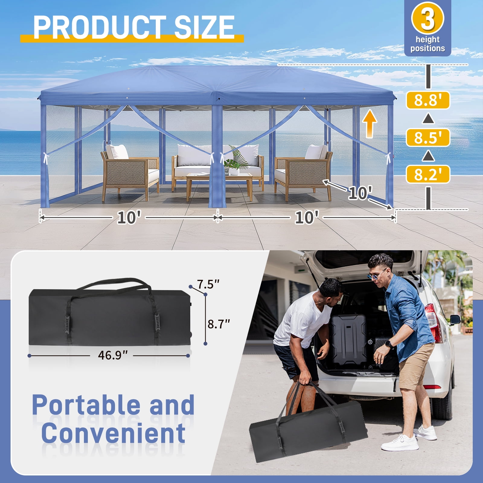 Zintown 10'x 20' Pop Up Party Tent One Push Setup Gazebo Outdoor Sun Shade with  Mosquito Net,Blue
