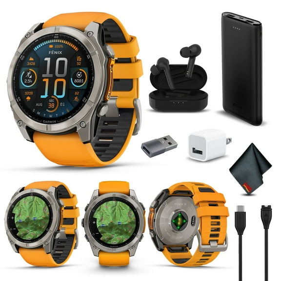 Garmin Fenix 8 51MM AMOLED Sapphire Multisport GPS Smartwatch Titanium with Spark Orange/Graphite Silicone Band, Built-in LED Flashlight, Fitness & Health Smart Watch Bundle for Men & Women