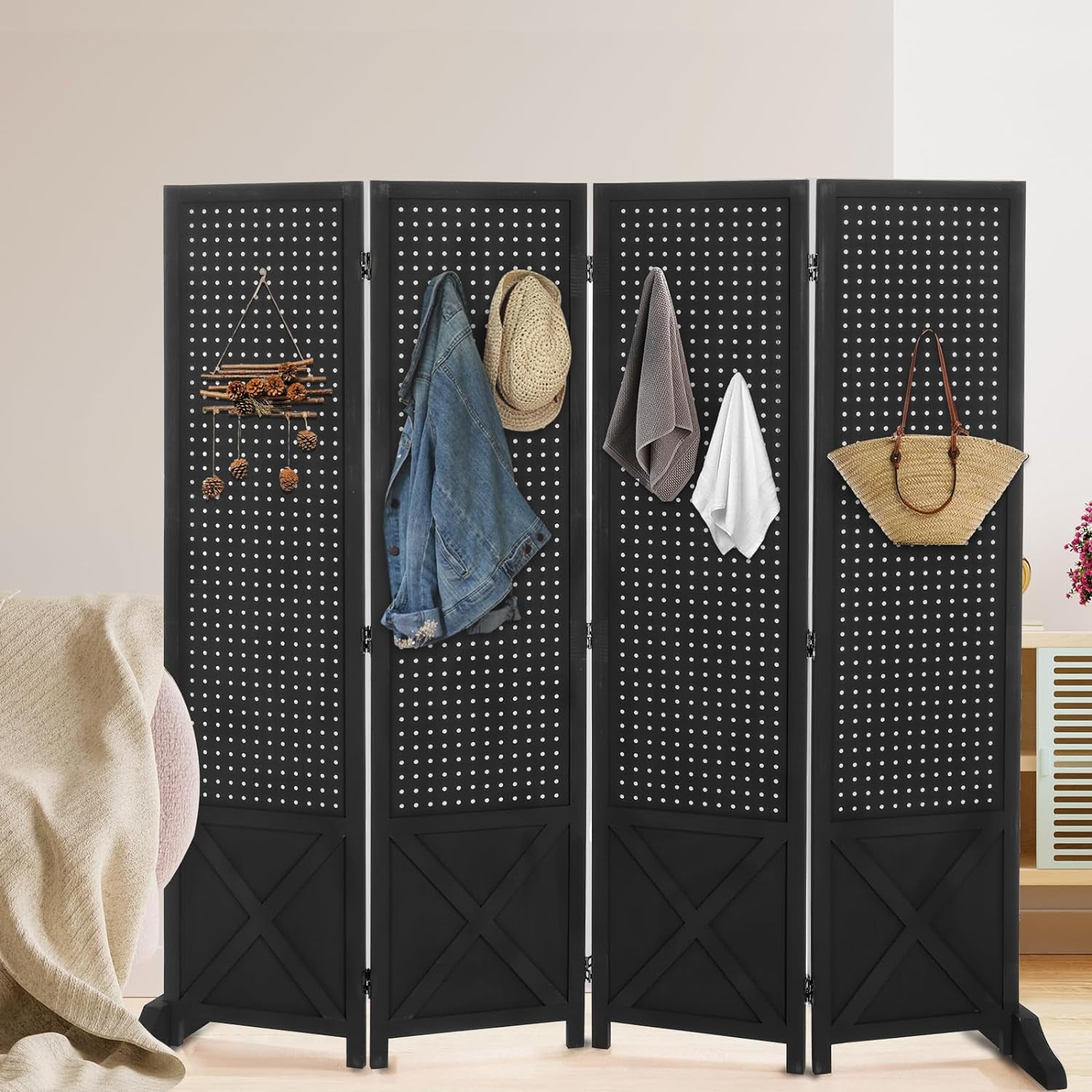 VINGLI Freestanding Pegboard with Support Feet, 5 FT Wood Room Divider Display Board Organizer, Folding Privacy Screen Partition Space Separator for Craft Shows Events Retail