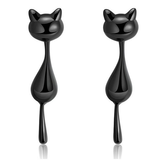 Ginny Black Cat Kitty Dangle Earrings for Women Sterling Silver Ginger Lyne Collection
