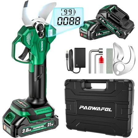 Cordless Electric Pruning Shears, 1.6 Inch Cutting Diameter, 21V Brushless Branch Cutter with 2 Blades & 2x 2000mAh Batteries, LCD Display for Gardening