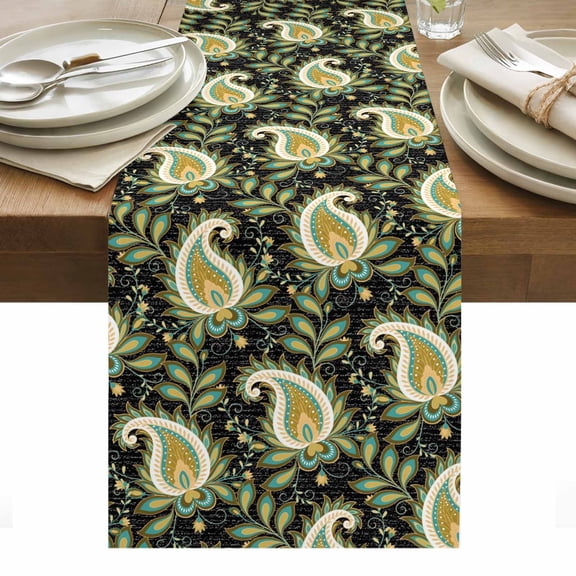 Black Teal Boho Botanical Table Runner - 72 Inch Long, Kitchen Dining Table Runner Dresser Scarves, Southwestern Retro Ethnic Tribal Farmhouse Decor for Coffee Tables Wedding Party Banquet