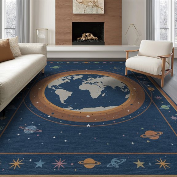 ODIKA 8'x10' Washable Area Rug Non-Shedding, Easy Care, Round Map Planetary Galaxy Circle Continent Circles for King Size Bedroom Under Bed, Master Suite