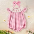 thumbnail image 2 of ZEHJUHAN Baby Girl's Cute 2-Piece Set, Pink Checkered Bunny Embroidered Cap Sleeve Romper with Hairband Pink，3-6M, 2 of 11