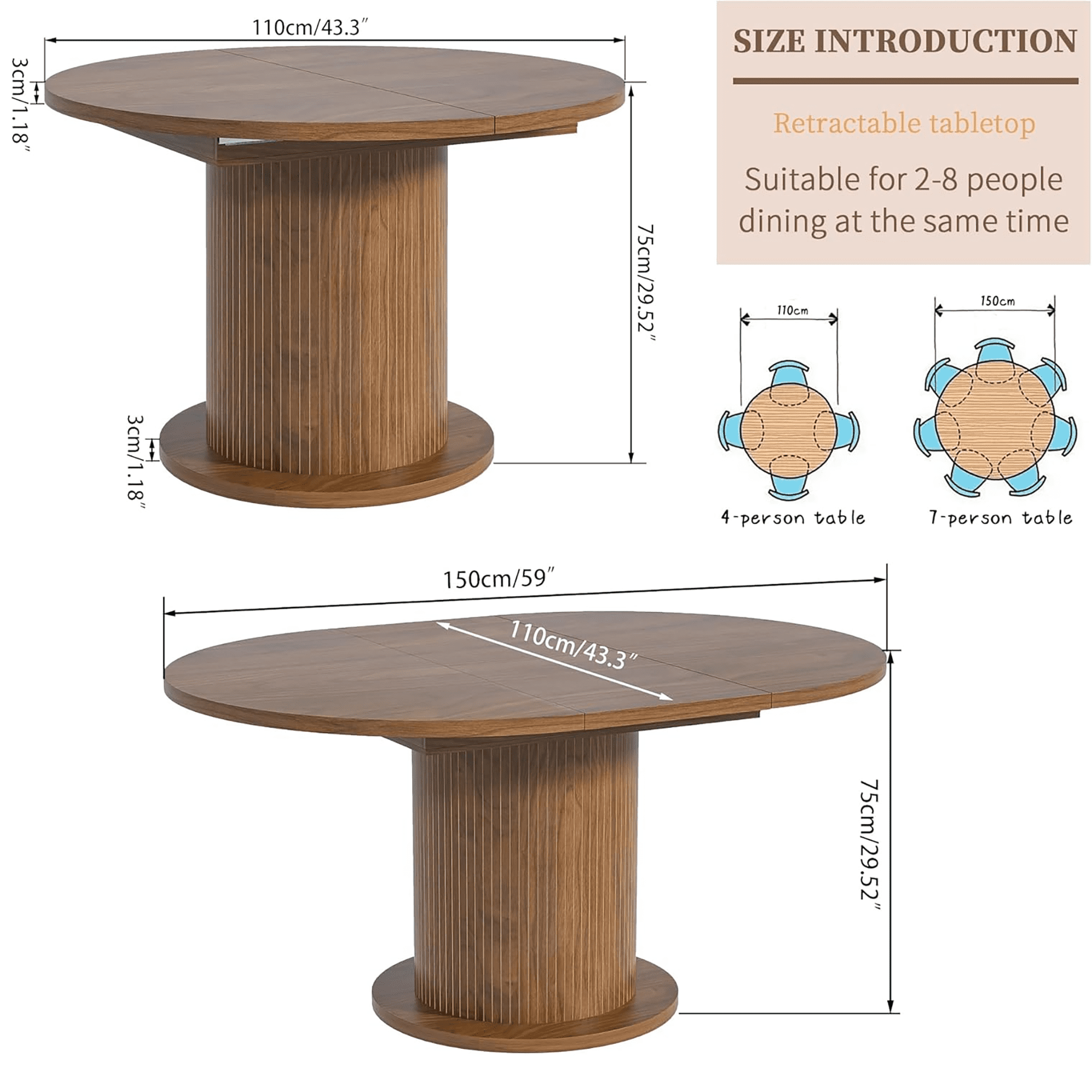 Round Dining Table for 4-6 People, 43.3“-59“Extendable Round Kitchen Dining Table with Pedestal Base, Walnut