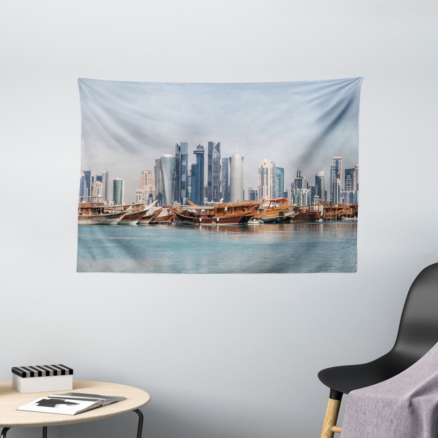 Modern Tapestry, Qatar City Skyline at Dhow Middle Eastern Coast with