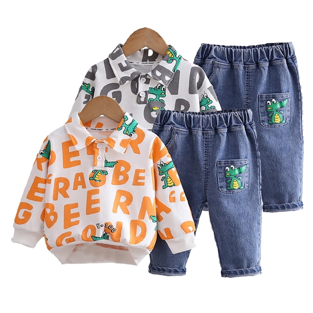 KYAIGUO 2PCS Toddler Baby Sweatshirt Jean Clothes Set Newborn Spring Fall Casual Outfits Shirt Demin Pants Set