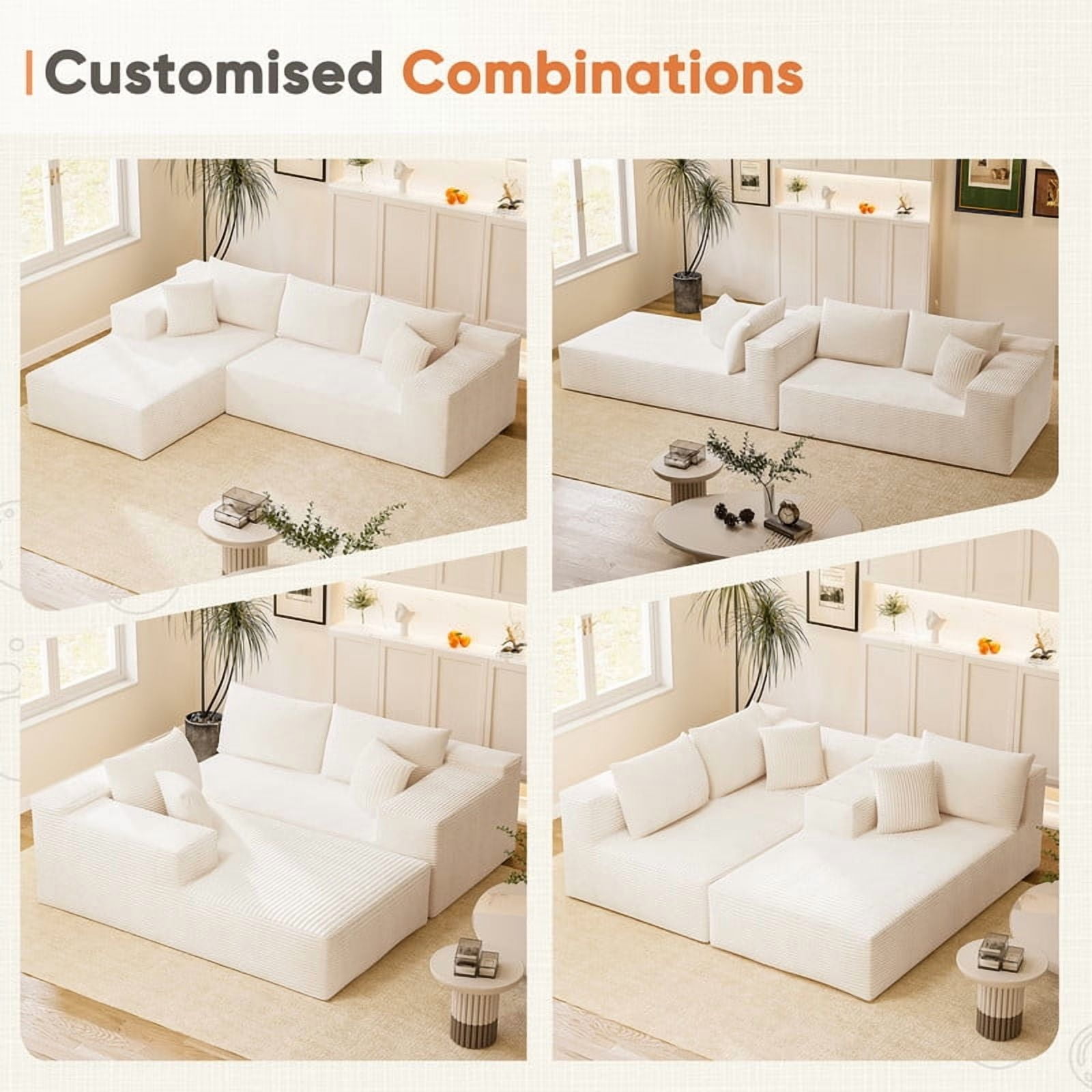 Homall 108" Sectional Sofa Boneless Cloud Couch with L-Shape Chaise Modular Sofa Couch with Deep Seat No Assembly for Living Room,Studio,Apartment,Corduroy Beige
