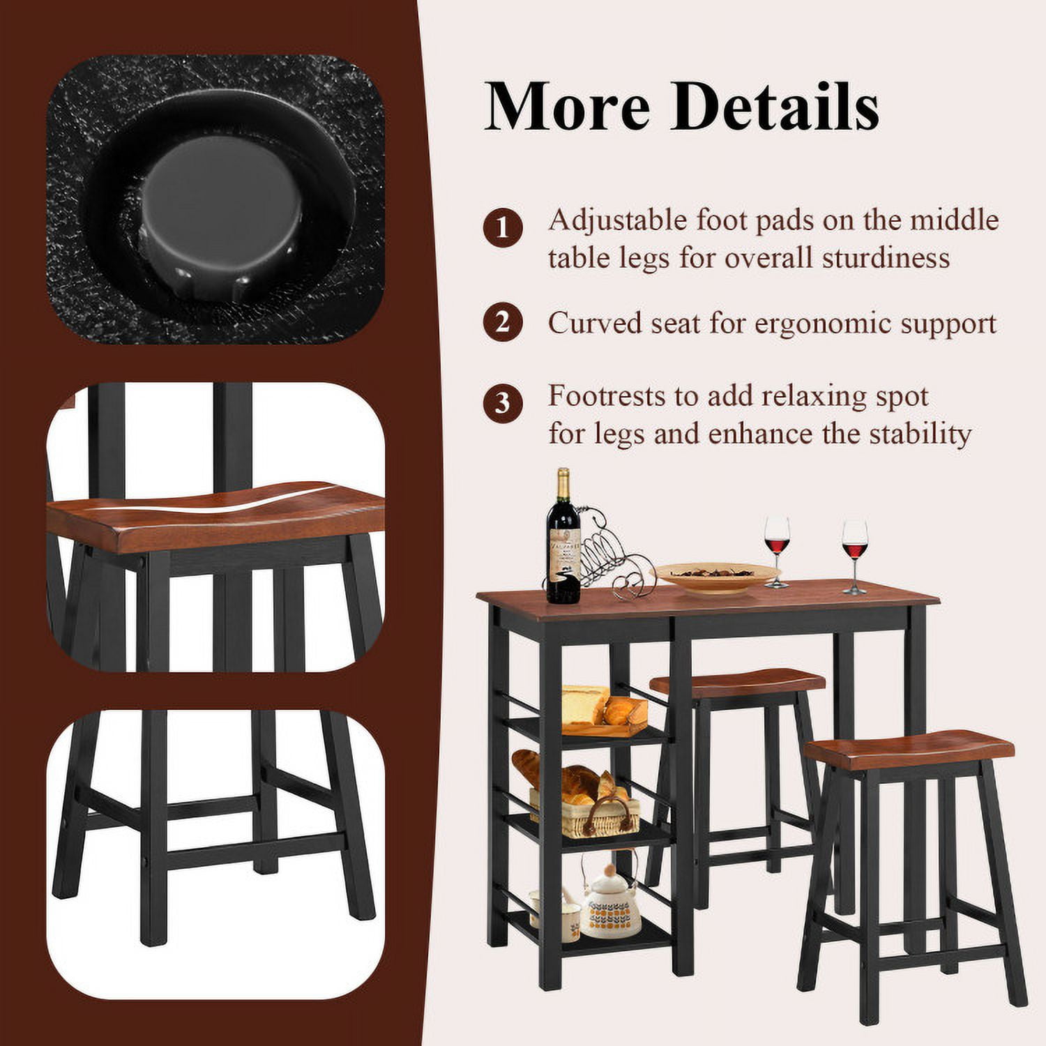 Finihen Dining Set, Dining Table Set, 3 Piece Counter Height Dining Table Set with 2 Saddle Stools and Storage Shelves, for Home, Restaurant, Walnut Finihen Dining Set, Dining Table Set, 3 Piece Counter Height Dining Table Set with 2 Saddle Stools and Storage Shelves, for Home, Restaurant, Walnut