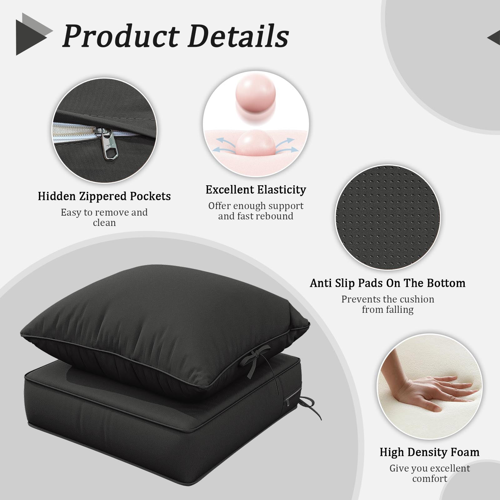 Snubbull Outdoor Deep Seat Cushion Set 24 X 24 X 6.5 Inch Splash-Proof & Fadeness Patio Furniture Cushions，Removable Outdoor Couch Cushions with Hidden Zipper & Adjustment Staps, Black