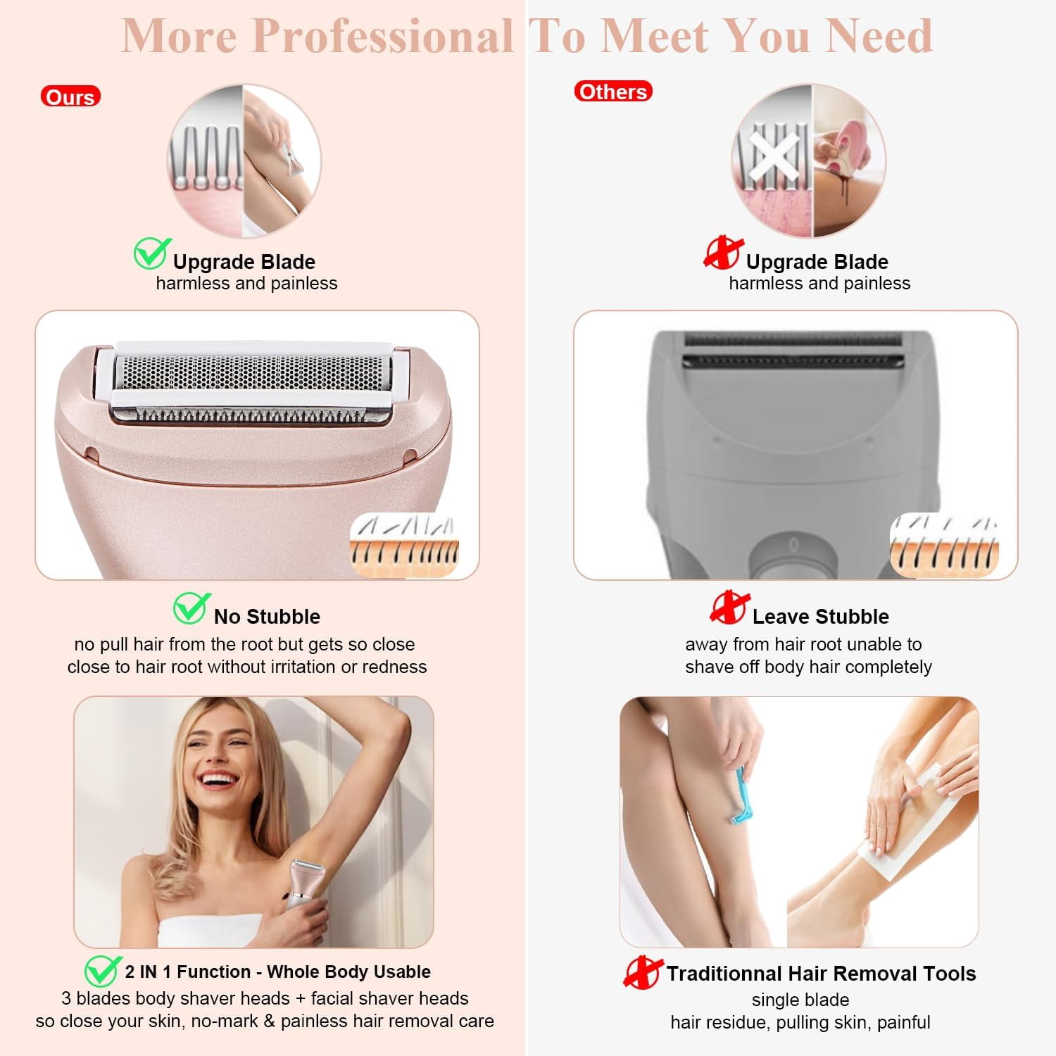 Wiher Electric Razor for Women, 2-in-1 Women Shaver Wet & Dry Painless Hair Removal Razor, Waterproof Body Hair Remover for Face Legs Underarms, Cordless Bikini Trimmer for Women (Rose Gold)