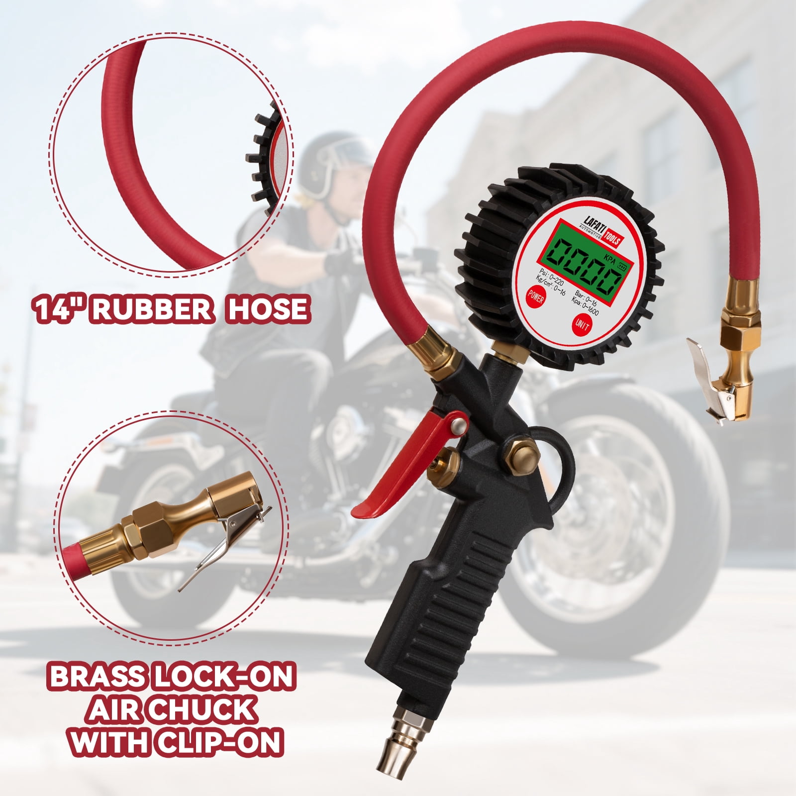 Digital Tire Inflator with Pressure Gauge, 0-220 PSI Tire Gauge with Air Compressor Accessories,0.1 PSI Resolution,Air Pressure Gauge for Cars, RV ,Motorcycle,Bicycle.
