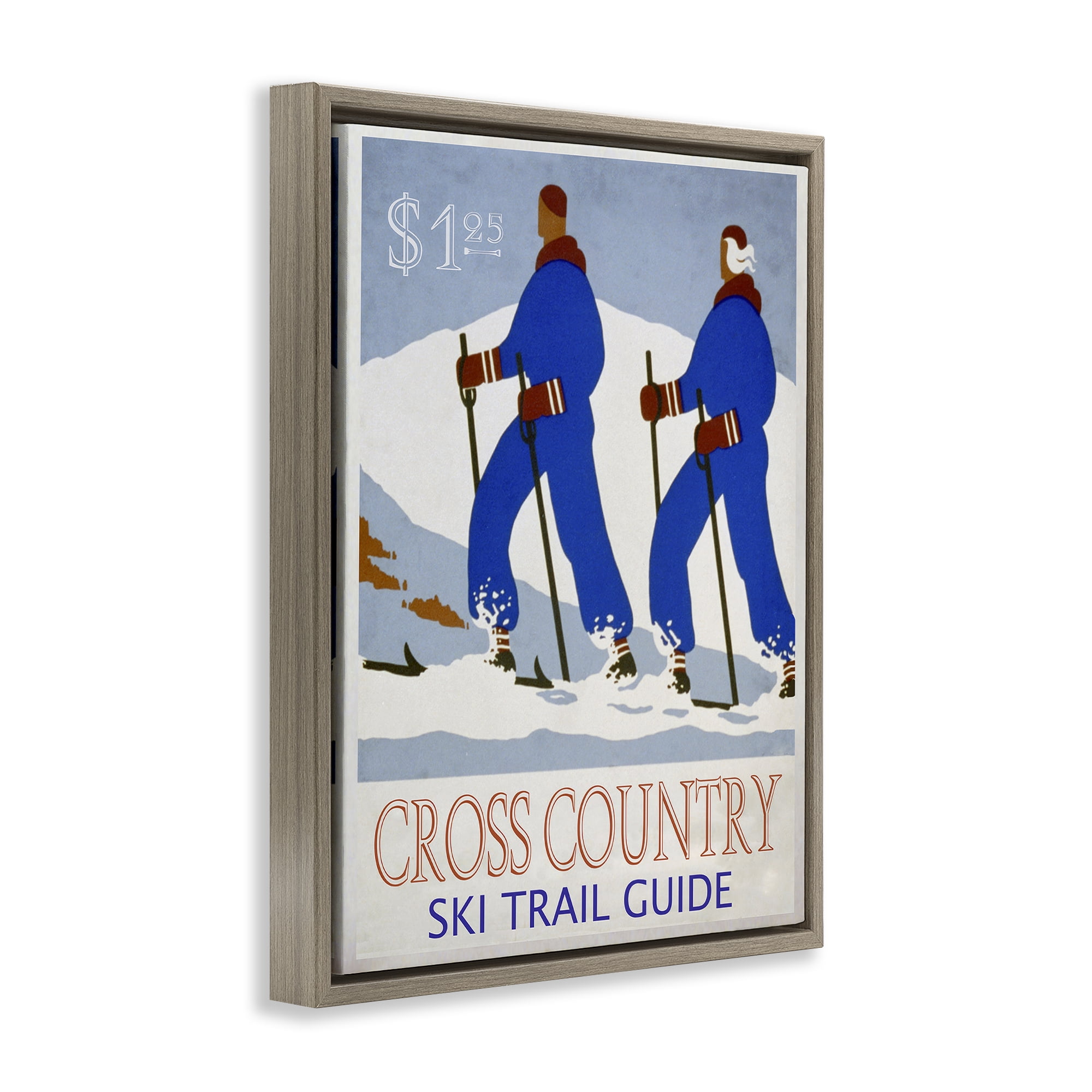 Stupell Industries Vintage Cross Country Ski Sports Painting Brown Floater Framed Canvas Art Prints Wall Art, 17 x 21