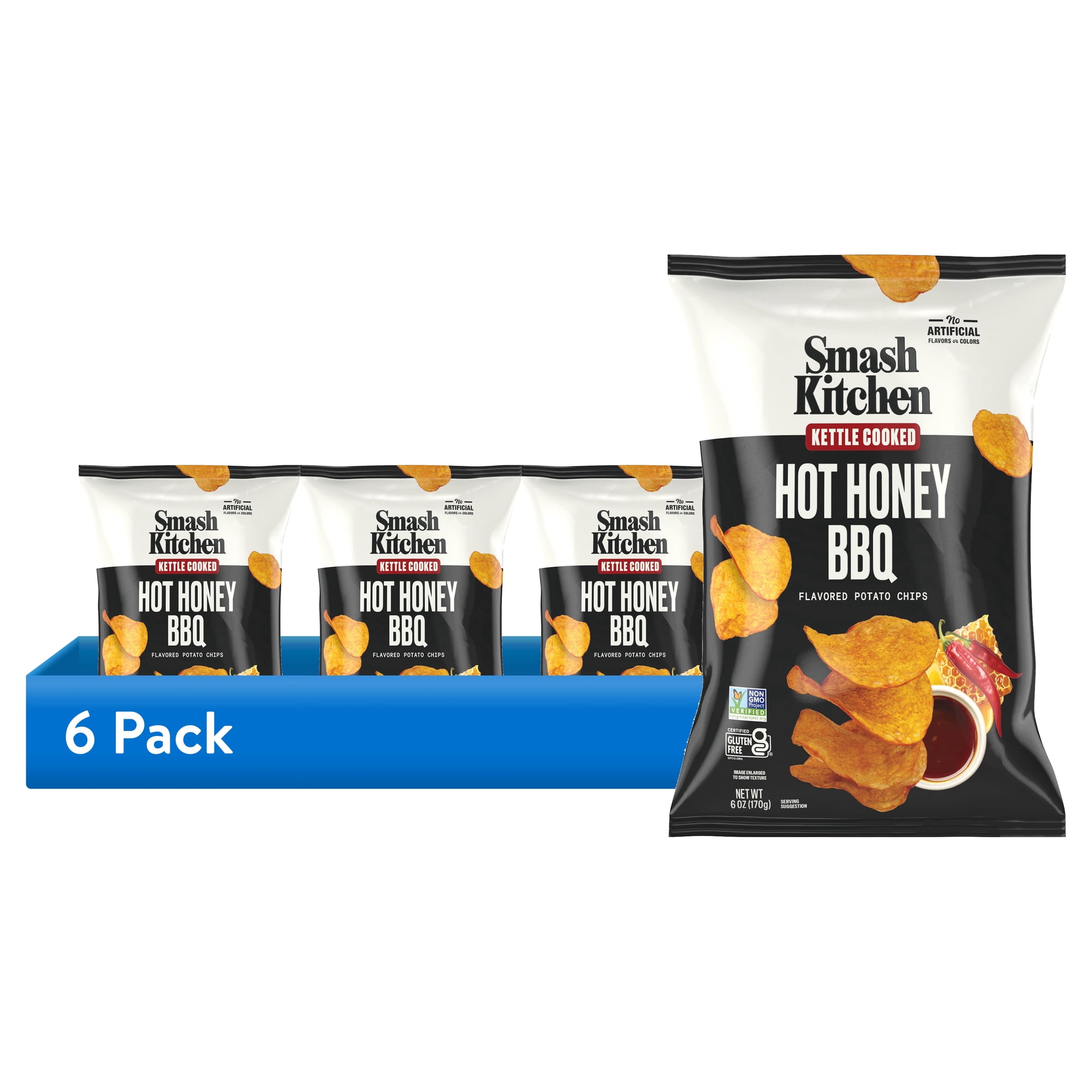 (6 pack) Smash Kitchen Hot Honey BBQ Non-GMO Kettle Chips, 6 oz