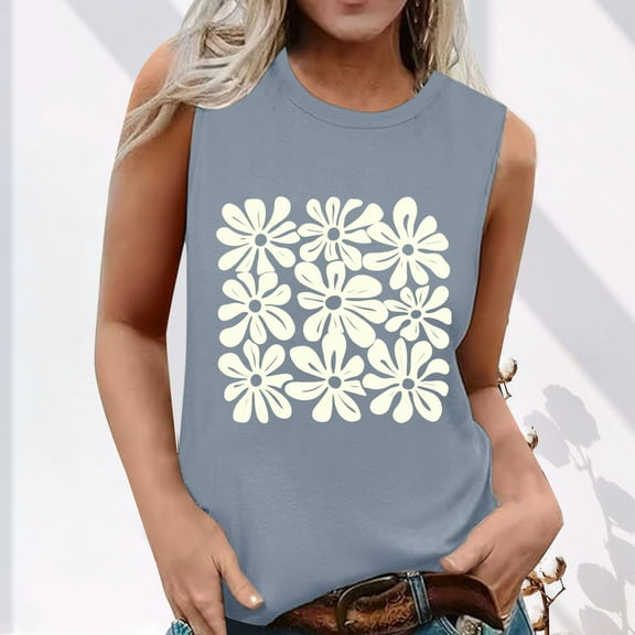 HOMBOM Loose Fit Muscle Tops for Women Graphic Gray Floral Sleeveless Flowy Crew Neck Tunic Blouse