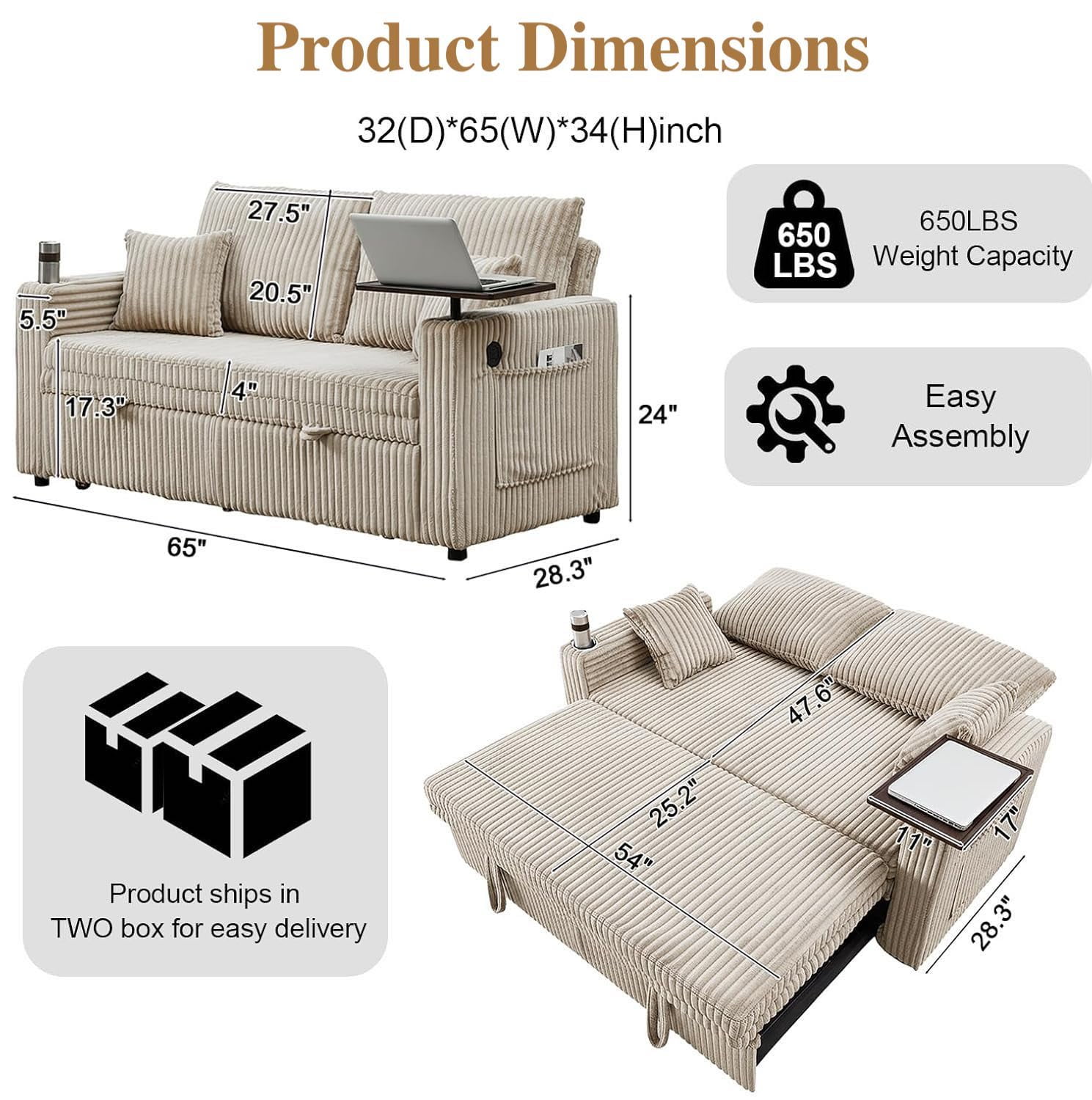 Vinform Sofa Bed with Pull Out Couch, 65" Convertible 3-in-1 Sleeper Sofa Bed for Living Room Small Space, Corduroy (Light Gray)