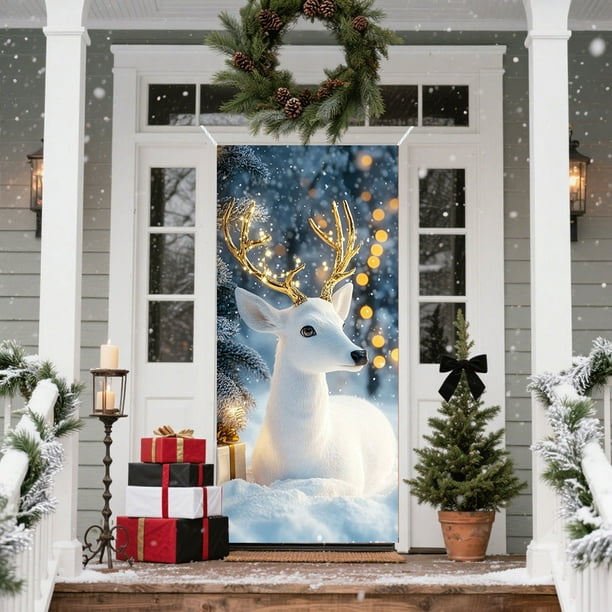 Christmas Door Cover Santa Claus Print Holiday Party Decoration Polyester Fabric Door Hanging for Home Indoor Outdoor Festive Decor