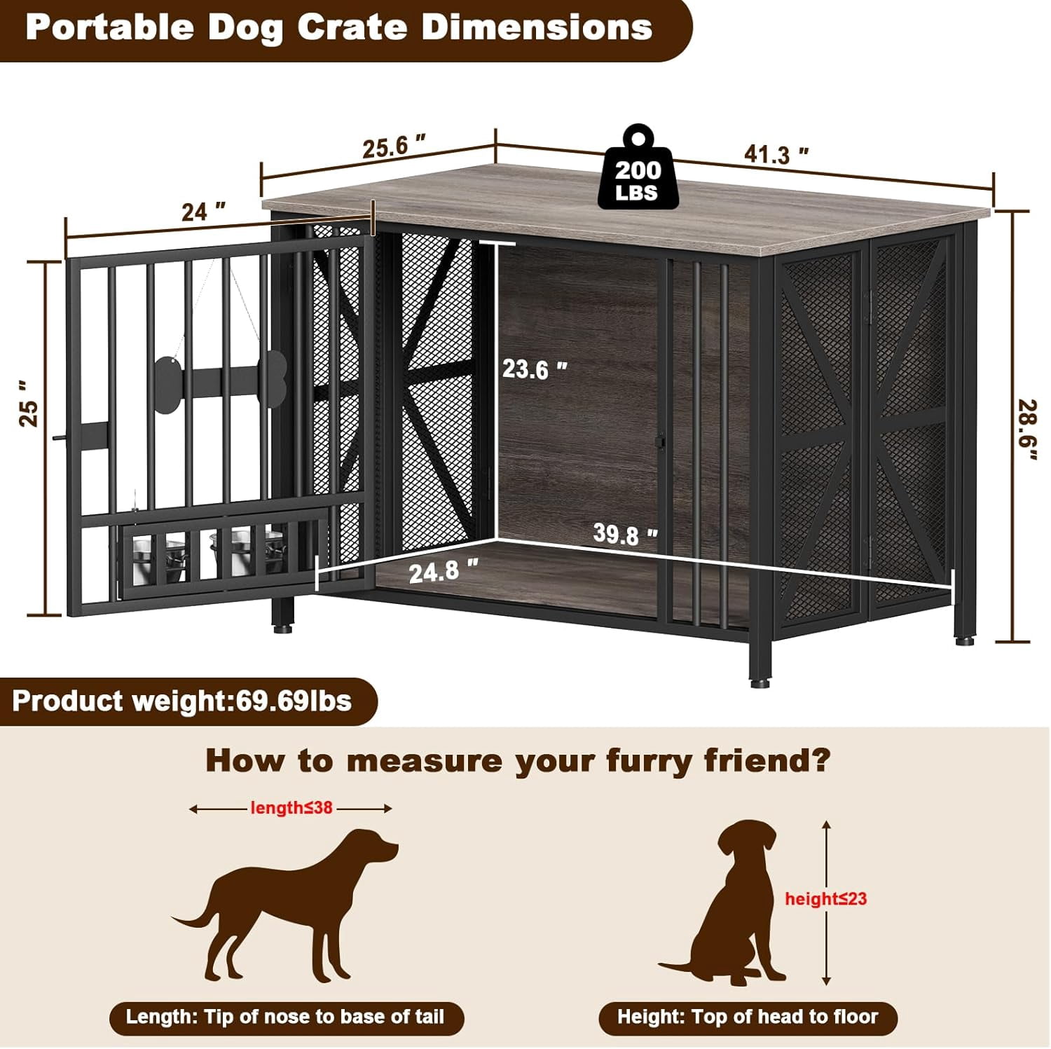 POAO 41" Foldable Dog Crate Furniture, Assembly-Free Dog Crates for Large Dogs,Dog Kennel Indoor with Tag & Adjustable Dog Bowls,Oak Grey
