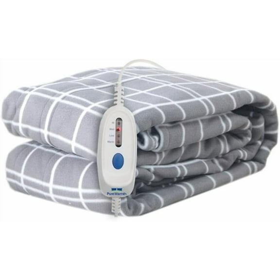 Pure Warmth Printed Fleece Electric Heated Warming Twin Blanket Light Grey White