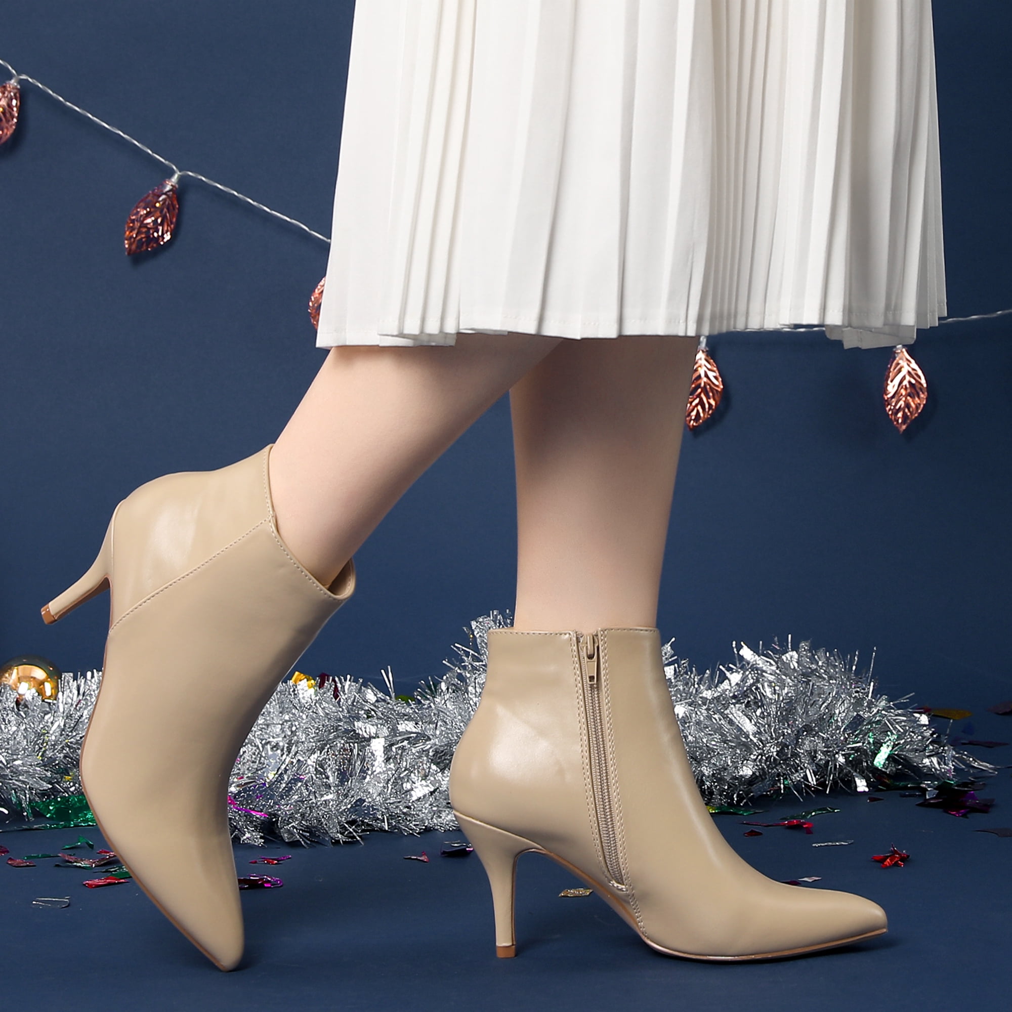Unique Bargains Women's Side Zipper Pointed Toe Stiletto Heel Ankle Boots Beige 7