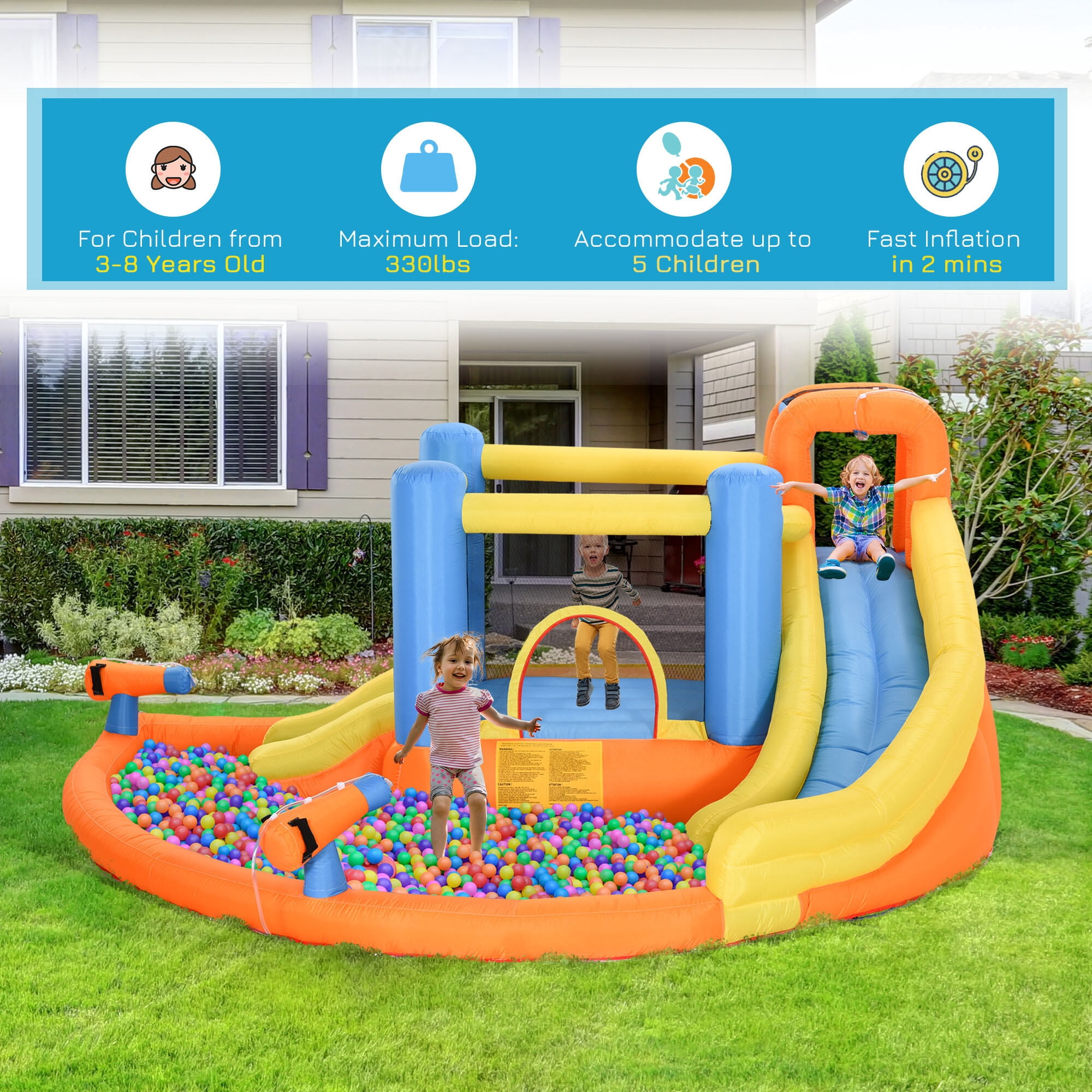 Kids Outdoor Toys, Kids Inflatable Water Slide 5-in-1 Bounce House Water Park Jumping Castle with Water Pool, Slide, Climbing Walls, & 2 Water Cannons, 450W Air Blower, Outdoor Play Equipment