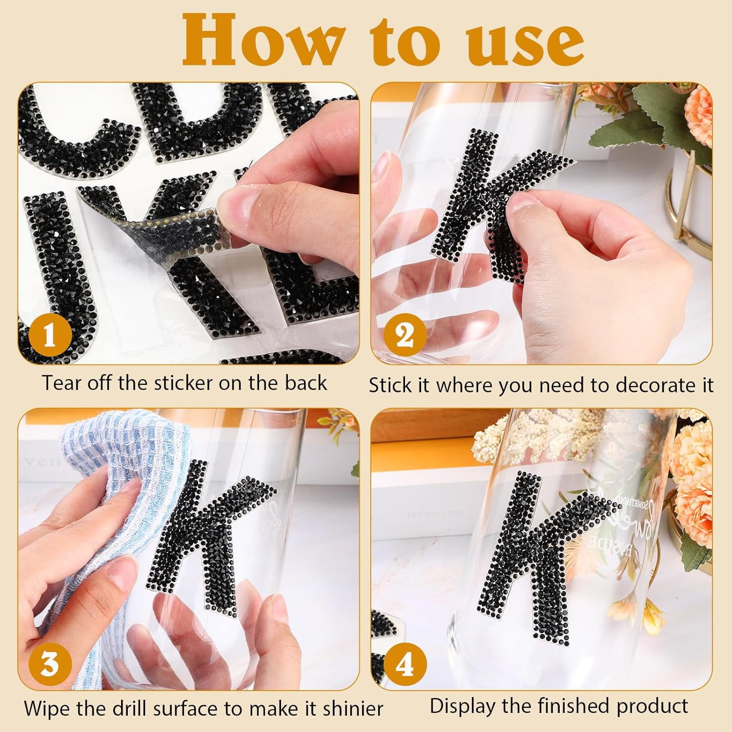 37 Pieces Rhinestone Letter Stickers Large Glitter Alphabet Crystal Number Self Adhesive Bling Stickers Iron on Letters for Art Crafts Clothing DIY Decors(Black,2.56 Inch)