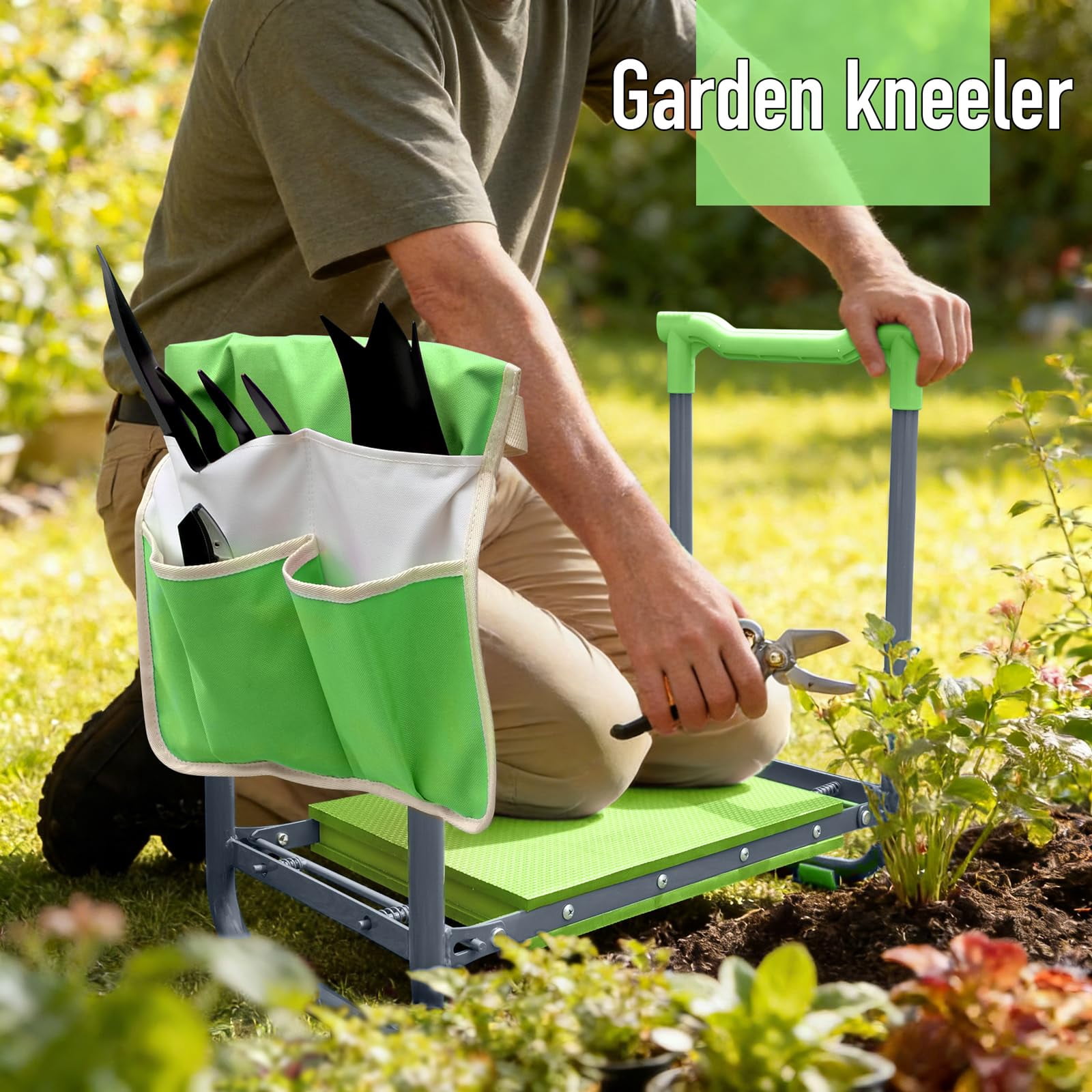 Garden Kneeler and Seat Heavy Duty with 10.2” Wider Soft Pad, Portable Folding Stool for Gardening with Extra Hand Pruner, Sturdy Garden Kneeling Bench for Senior Help Stand, Green