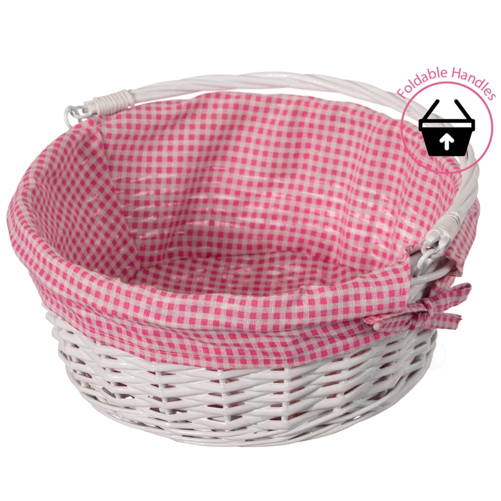 Traditional White Round Willow Gift Basket with Pink and White Gingham Liner and Sturdy Foldable Handles, Food Snacks Storage Basket, Medium