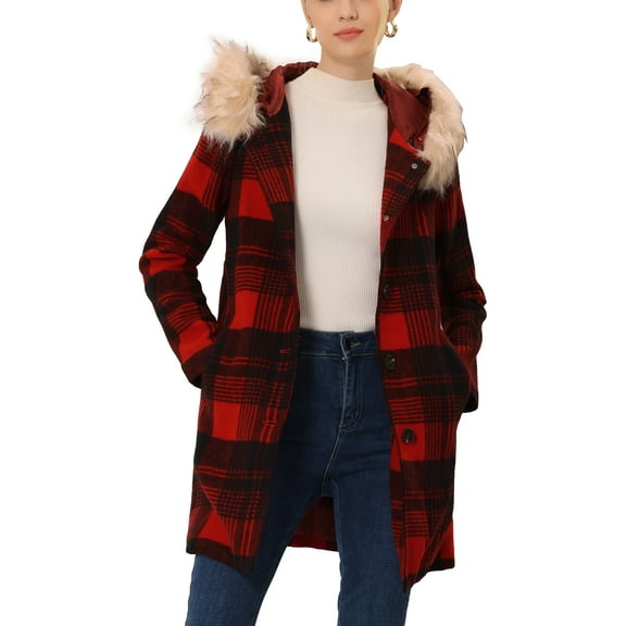 MODA NOVA Juniors Long Sleeves Detachable Faux Fur Trim Plaid Overcoat with Hood Red Black XS