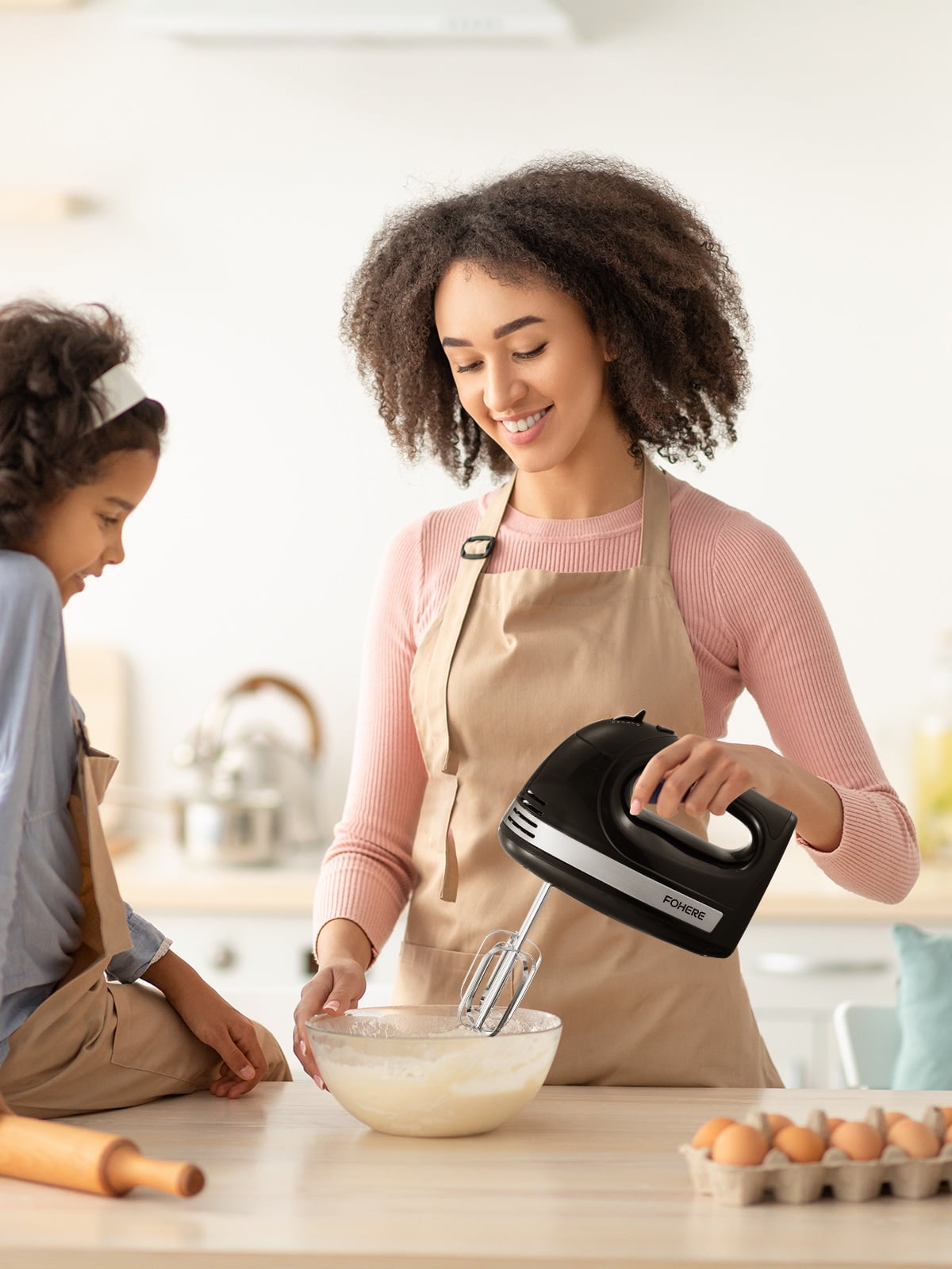 Hand Mixer with Storage Box, 5 Speeds and Turbo, FOHERE Electric Egg Beater with 6 Accessories