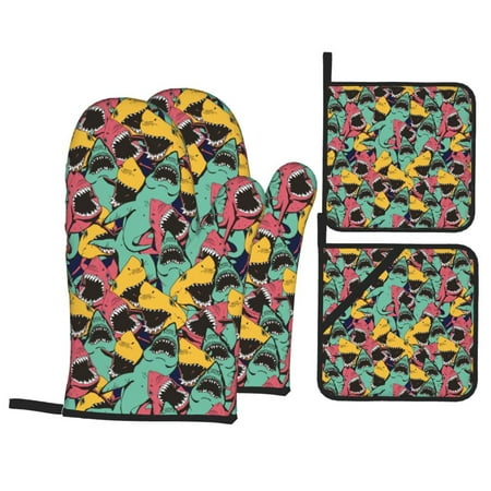

Oven Mitts and Pot Holders 4 pcs Set Angry Shark Pattern Heat Resistant Pot Holders Oven Mitts for kitchen Non-Slip Hanging Loop Oven Glove Potholders for Baking Cooking
