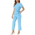 thumbnail image 4 of INSPIRE CHIC Women's 2 Piece Sets Round Neck Short Sleeve Belted Asymmetry Tops Elastic Waist Trousers Set, 4 of 6