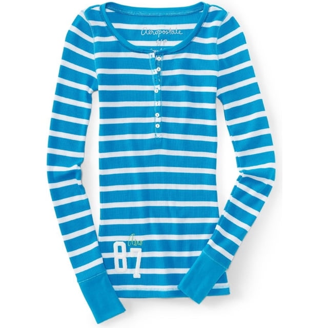 Aeropostale - Camiseta térmica para mujer con rayas henley, azul, extragrande