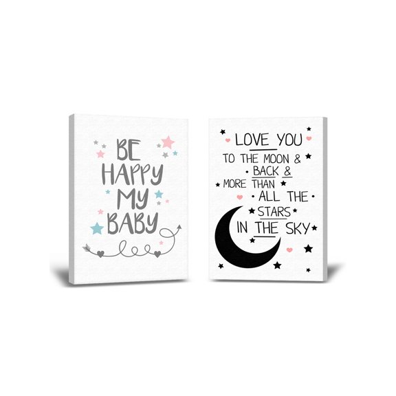 Awkward Styles Be Happy my Baby Quotes Love You to the Moon Inspirational Art Framed Canvas for Kids Bedroom Decor Baby Girl Boys Room Decor Mother Quotes Poster Decor Canvas for Baby Room Set of 2