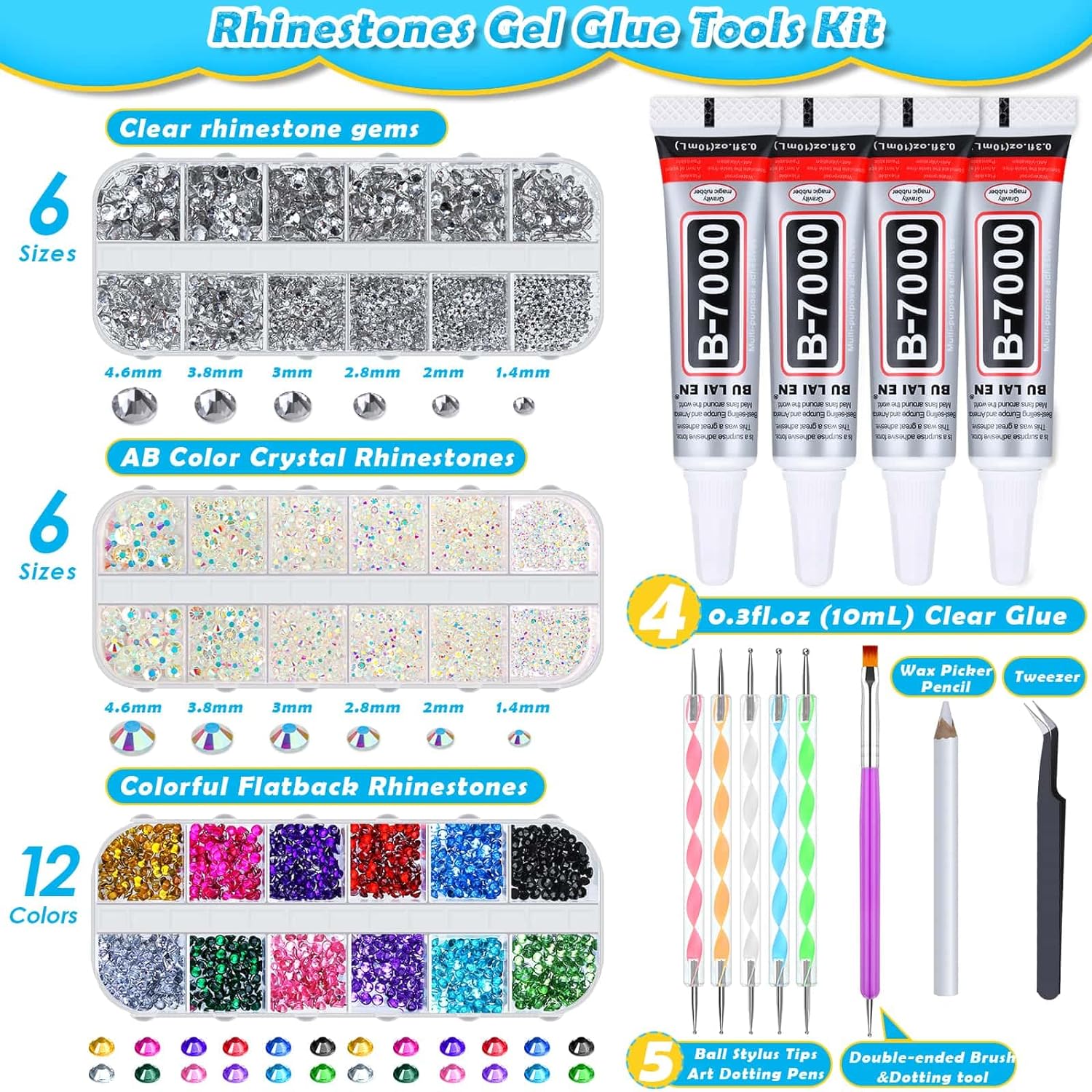 B7000 Jewelry Glue with Rhinestones for Crafts, 6300Pcs Rhinestones with Gems Adhesive for Shoes Cloth Fabric with Picker Pencil for Crafting Diamond Art Graduation Cap Decorations