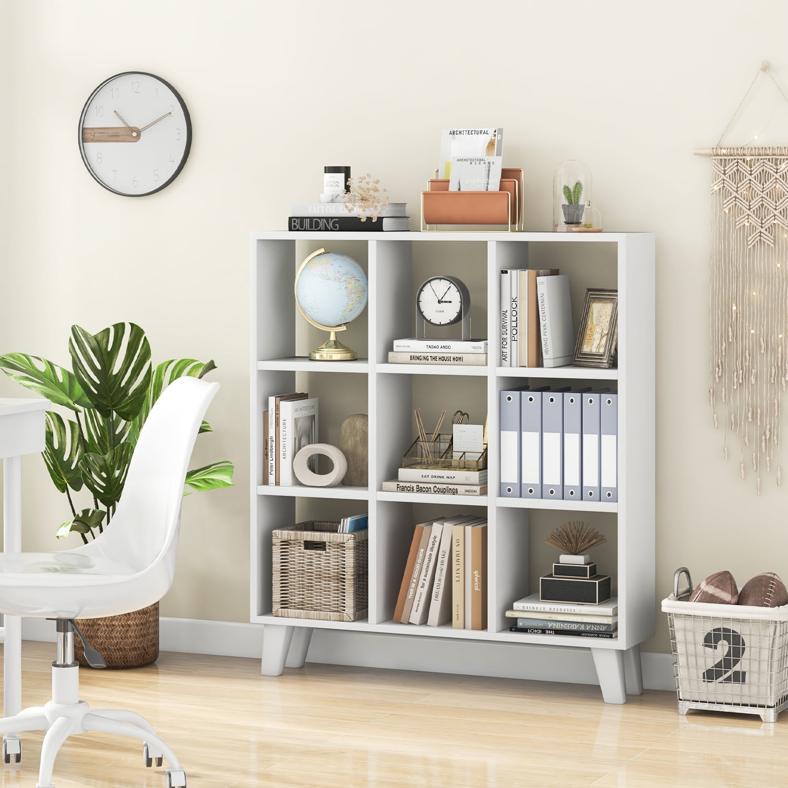 Topbuy 9-Cube Open Bookcase 3-Tier Floor Standing Bookshelf with 4 Slanted Legs 6 Removable Shelves White