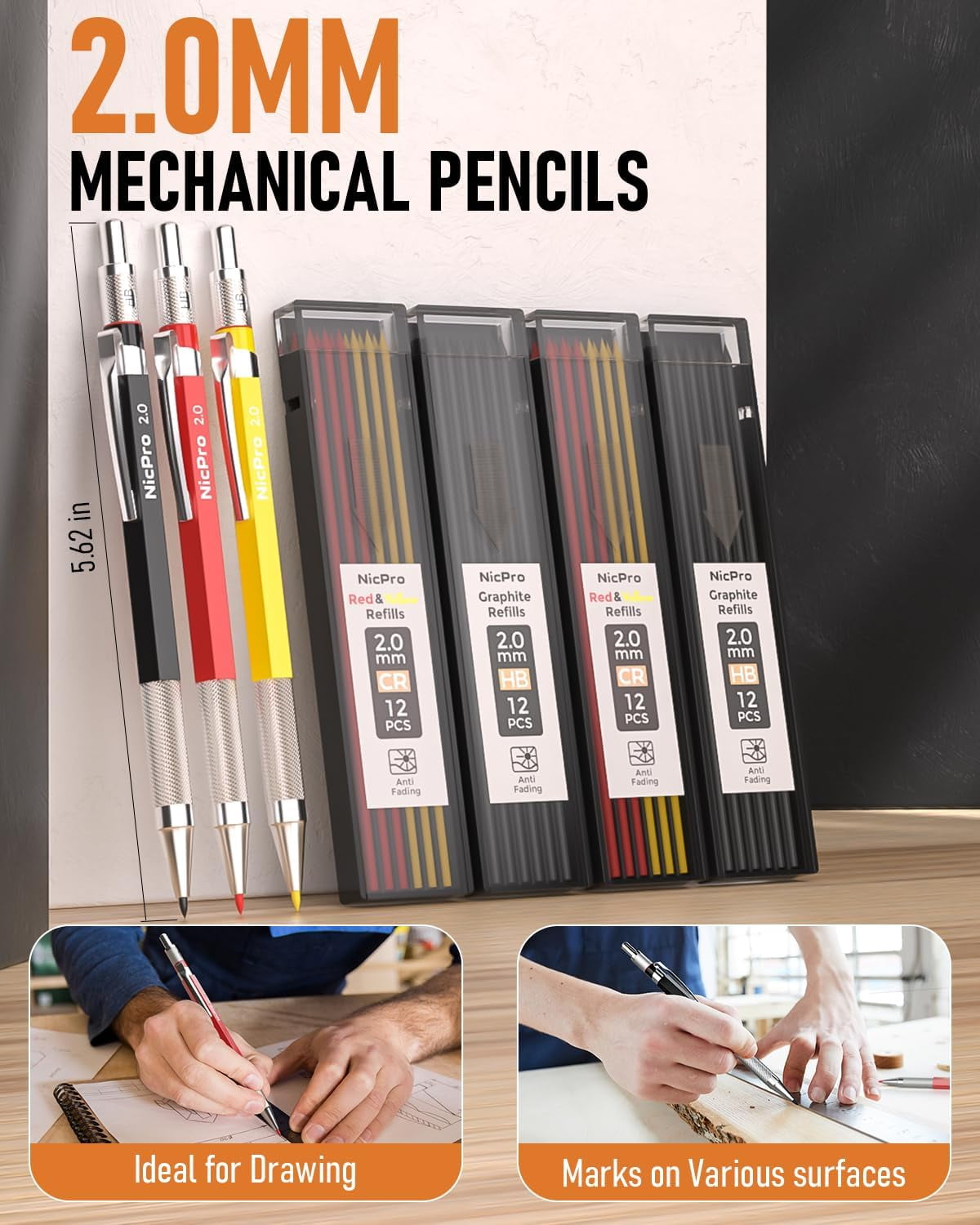 Nicpro 28 Pack Carpenter Pencil Set with Sharpener, Mechanical Carpenter Pencils with 127PCS Refills and Carbide Scribe Tool, Heavy Duty Construction Pencils for Architect Woodworking-With Canvas Case