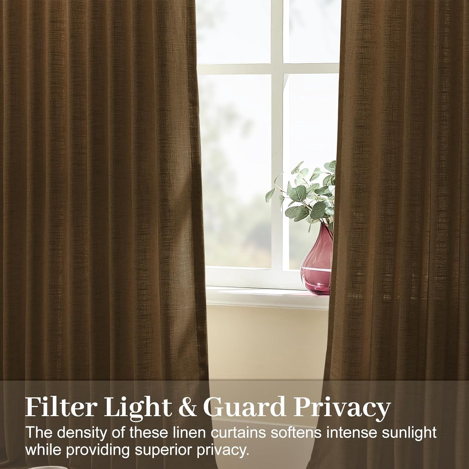 Nalqet Pinch Pleated Linen Curtains 84 inch Length 2 Panels Set, Light Filtering Linen Blend Sheer Drapes Memory Trained Pleated Curtain Back Tab with Hooks Rings for Living Room Bedroom, Chocolate