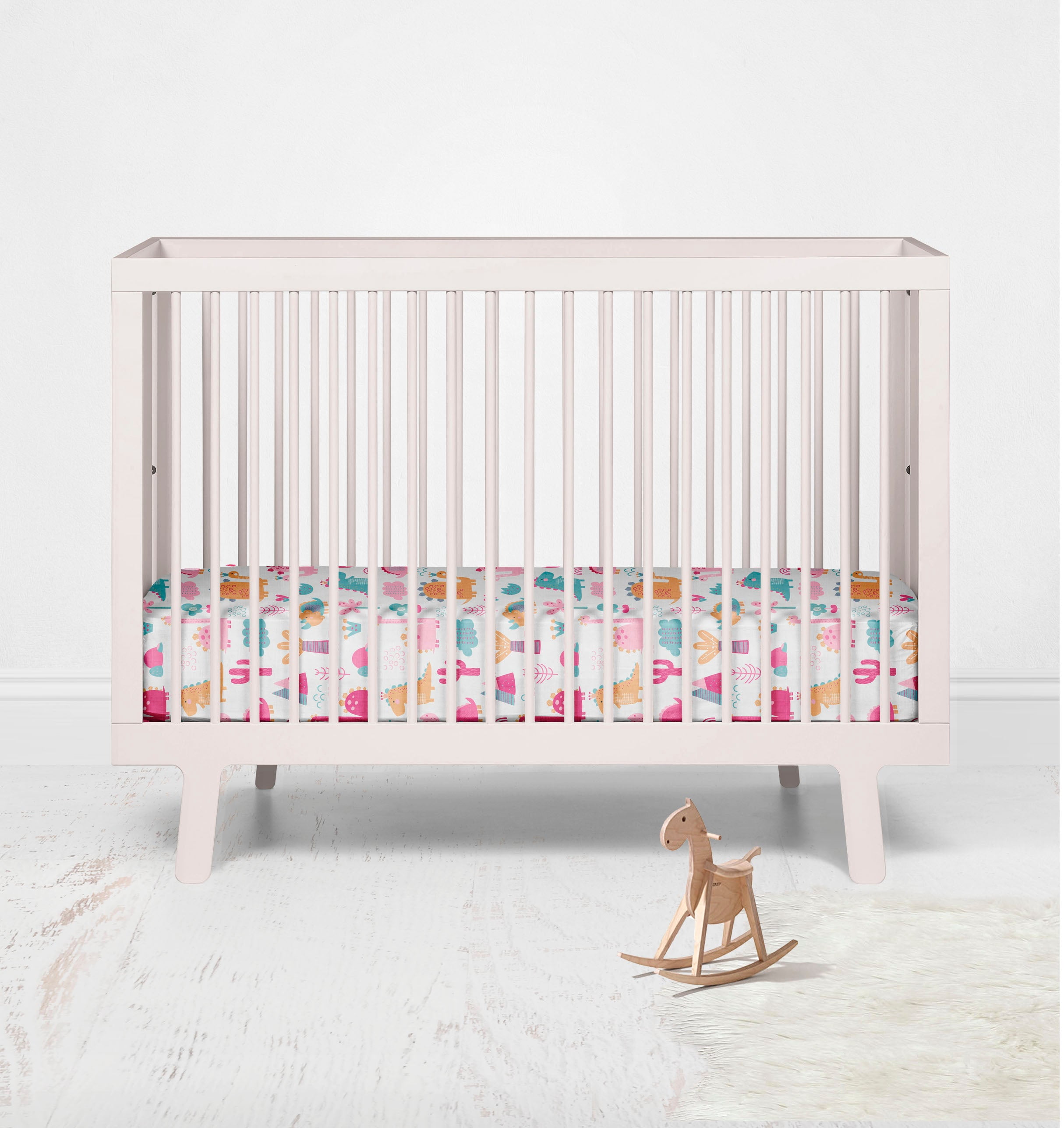 Bacati - Girls Little Dino Pink Fuchsia Orange Muslin Crib or Toddler Bed Fitted Sheet