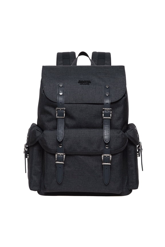 Vintage Casual Canvas and Leather Rucksack Retro Backpack for School Work Travel Hiking(Black Linen)