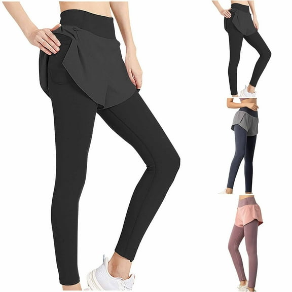 Fashion Fake Two Yoga Pants High Waisted Tummy Control Leggings with Pockets, Buttery Soft 4-Way Stretch Workout Tights for Gym Running, Fitness Gifts for Women | Sopatenor,Black L
