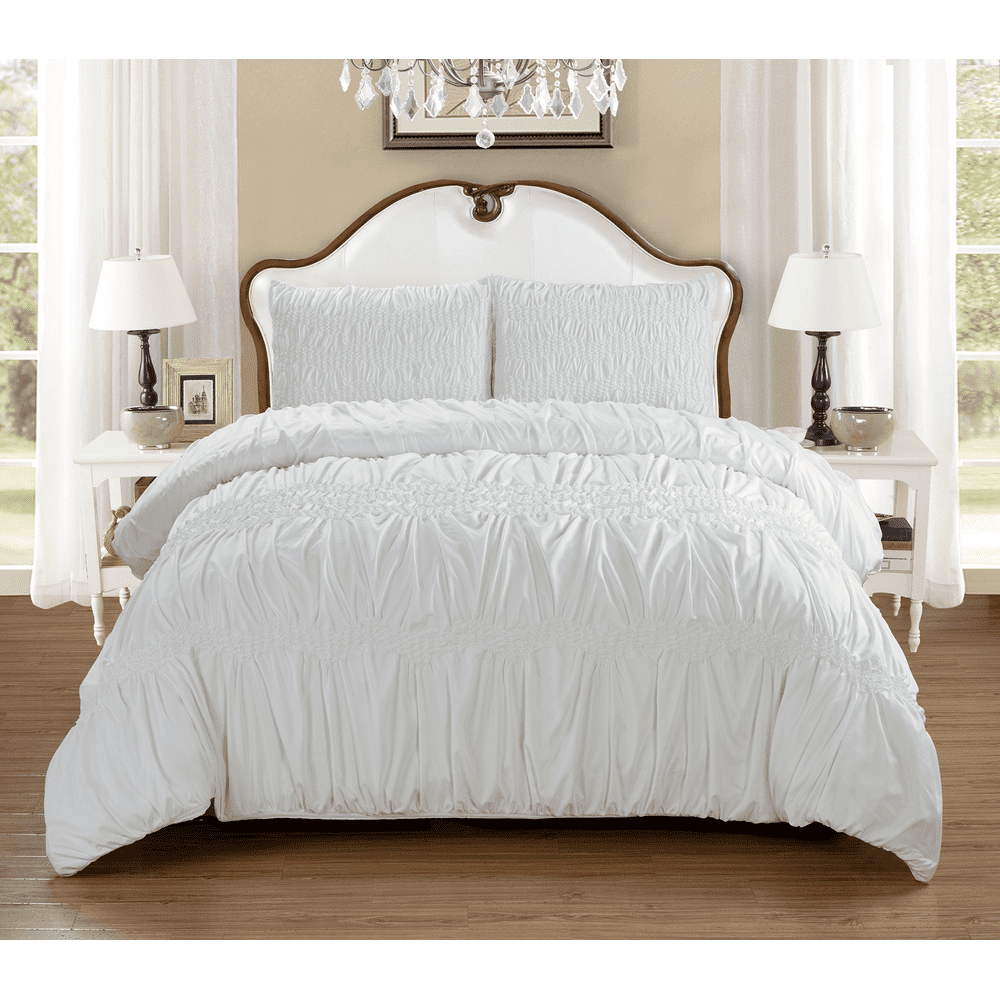 Puff Microfiber Ruched Duvet Cover Set White / King