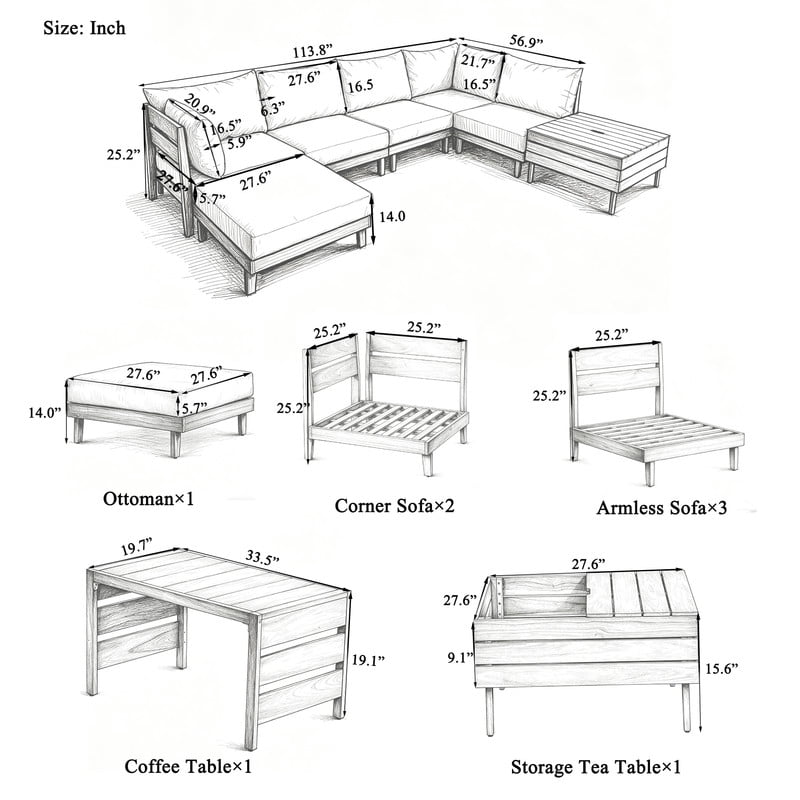 8-Piece Solid Acacia Wood Outdoor Sofa Sectional Set for 6, Patio Modular Chat Set with Coffee Table, Storage Tea Table & Cushions