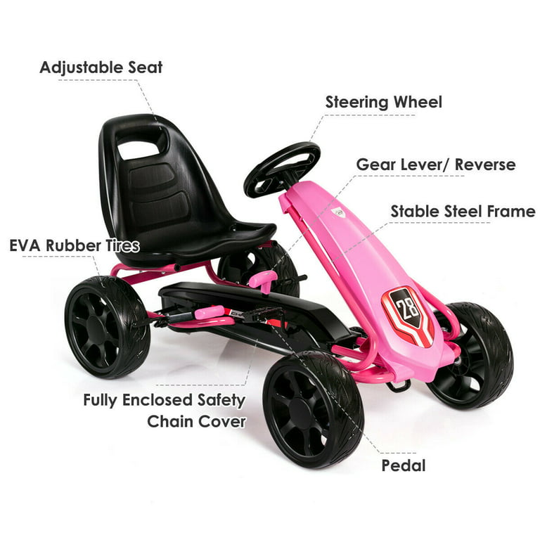 Go Kart Pedal Car Kids Ride On Toys Pedal Powered 4 Wheel Adjustable Seat  Pink 