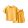 thumbnail image 2 of Boys Girls Summer Outfits Comfy Solid Color Casual Short Sleeve Round Neck T-Shirt + Shorts 2 Pieces Tracksuits Sets with Pockets Yellow 3-4 Years, 2 of 7