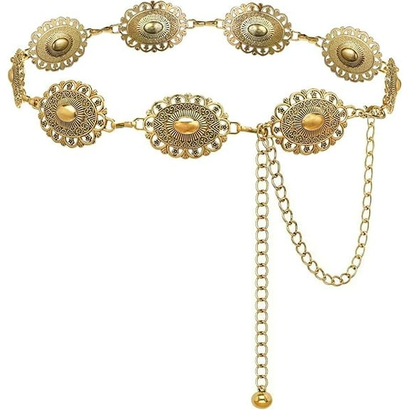 Auckpure Western Concho Chain Belt for Women Boho Metal Belts For Country Concert Dresses Jeans Cowgirl Vintage Waist Belt