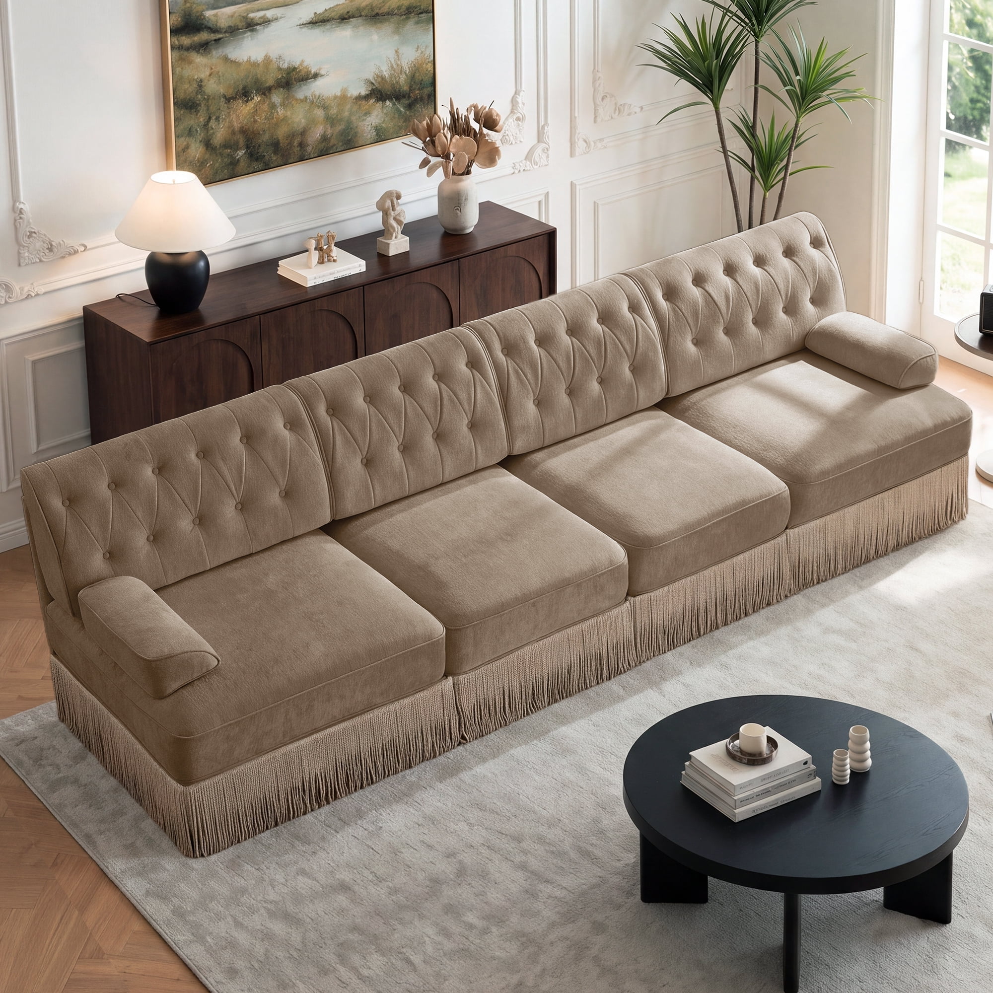 135" Velvet Fabric 4-Seater Sofa with Tassel Fringe Skirt and Button Tufted Design, Easy to Assemble