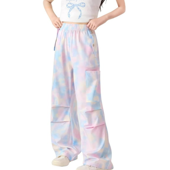 OGLCCG Girls' Cargo Pants Teen Kids Tie Dye Elastic Waist Outdoor Hiking Pantgs with Pockets Casual Baggy Joggers Trousers 6-16 Years